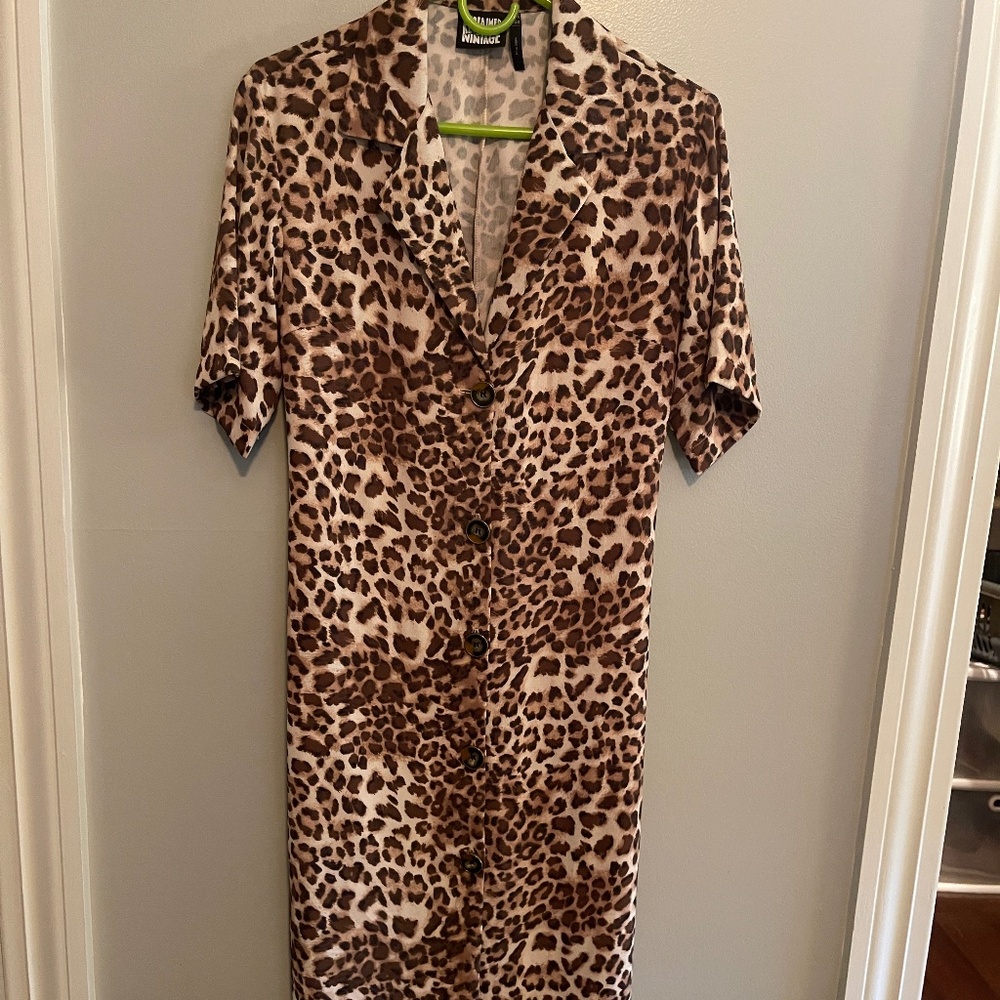 Leopard Button Up Midi Dress Short Sleeves